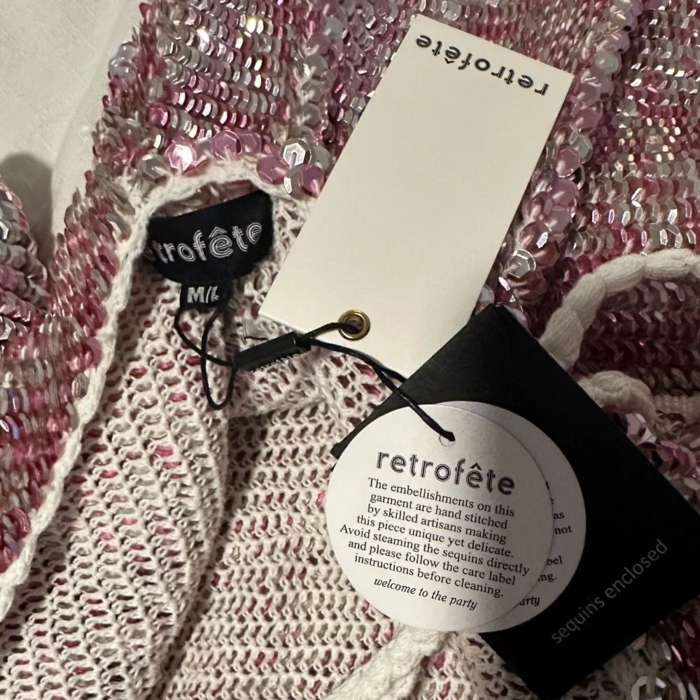 NWT Retrofete Tara Crochet Sequin Mini Dress Pink Silver Mix Medium / Large - Picture 10 of 12